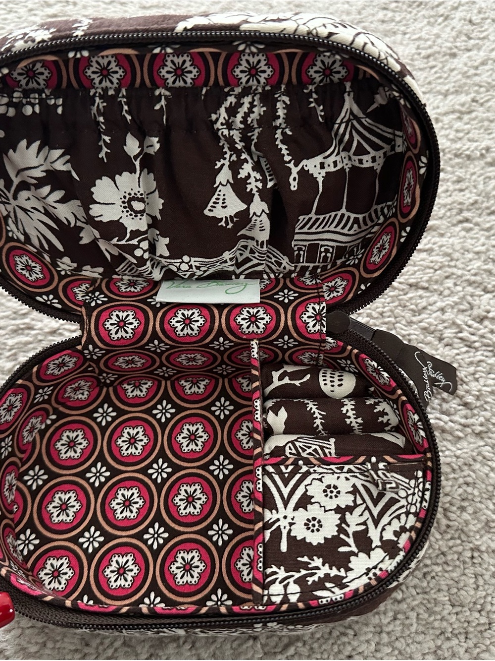 Vera Bradley Brown, Cream & Pink Quilted Floral Jewelry Case